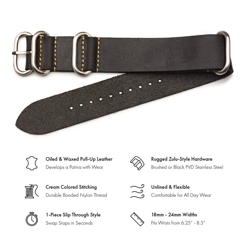 Benchmark Basics Leather Watch Band - Zulu Crazy Horse Oiled Leather One-Piece Watch Strap - 20mm Dark Grey - Image 2